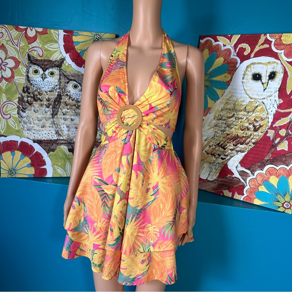 Shein Dress Tropical Print Layered Hem Tie Backless Halter Hawaiian Sun‎ Dress - Picture 5 of 10